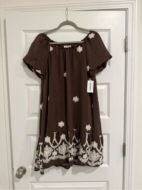 Anthropologie Kindred Brown Embroidered Floral Boho Dress
